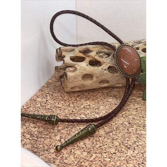 BRONZE Fall copper Gold STARLITE stone Wedding Groom Western Southwest Bolo tie - Picture 4 of 10